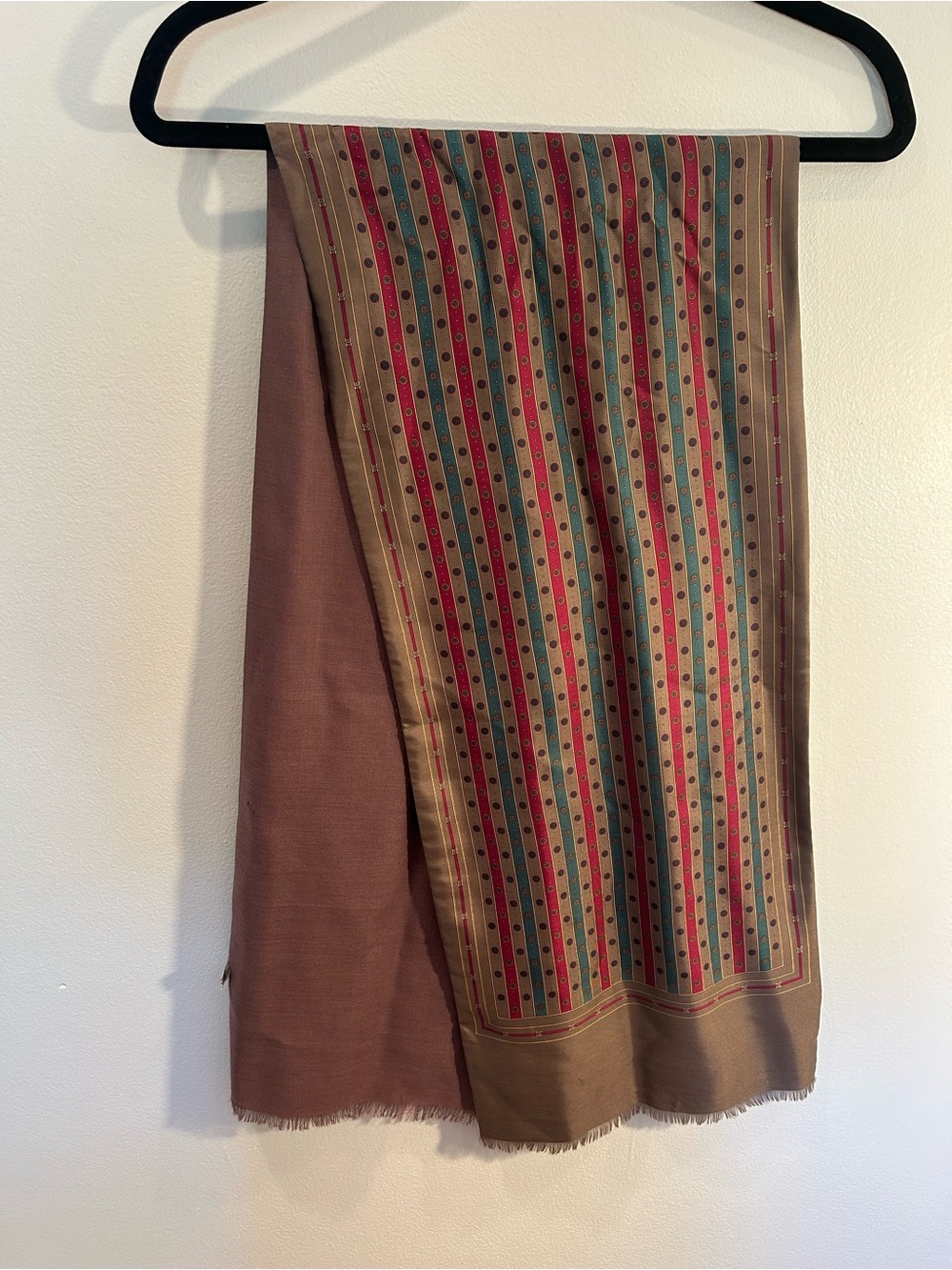 Carlo Palazzi Striped Polka Dot Scarf in Taupe and Rust 100% Silk and 100% Wool